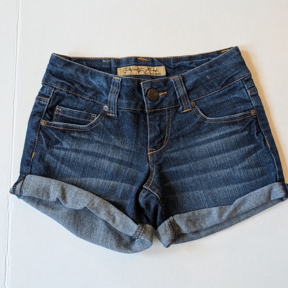Celebrity Pink Denim Shorts Dark Wash Cuffed Low Rise Size‎ 0/26 Y2K Festival